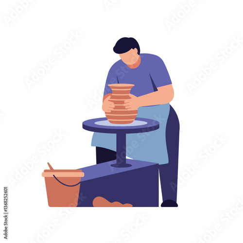 Potter shaping clay on wheel with flat design in vector art style