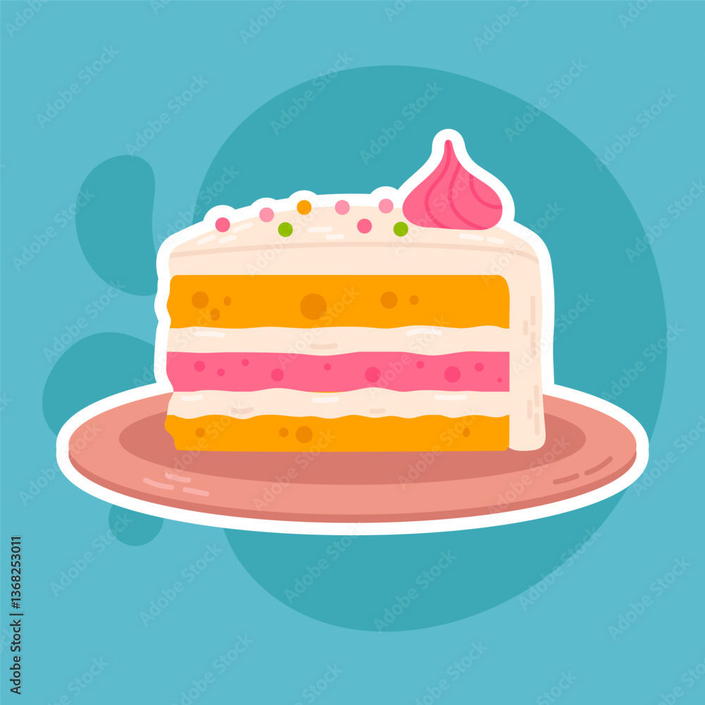 A delicious slice of layered sponge cake with pink and white icing, decorated with sprinkles and cream. Playful and vibrant digital illustration, ideal for bakery-themed designs and stickers A delicious slice of layered sponge cake with pink and white icing, decorated with sprinkles and cream. Playful and vibrant digital illustration, ideal for bakery-themed designs and stickers