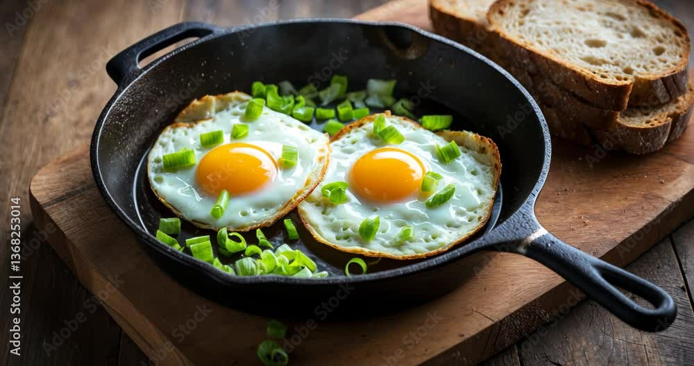 Fried eggs served with bread and leek in a cast iron skillet atop a wooden board. Fried eggs served with bread and leek in a cast iron skillet atop a wooden board.