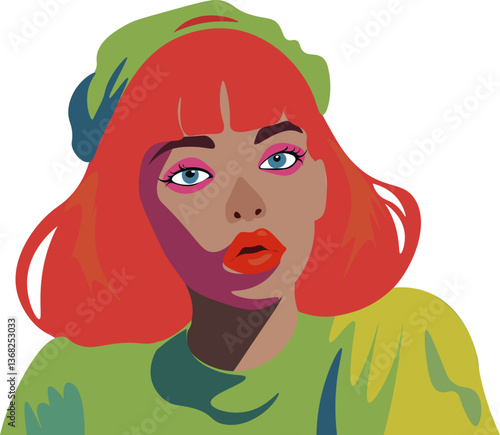 bright girl with red hair in a green suit, rapper girlfriend