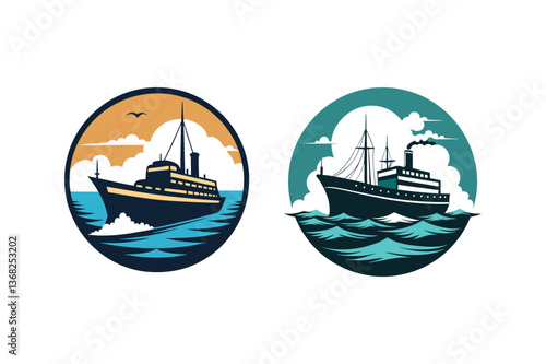 Steam Ship Silhouette Over Sea Retro Vintage Vector T-Shirt Art