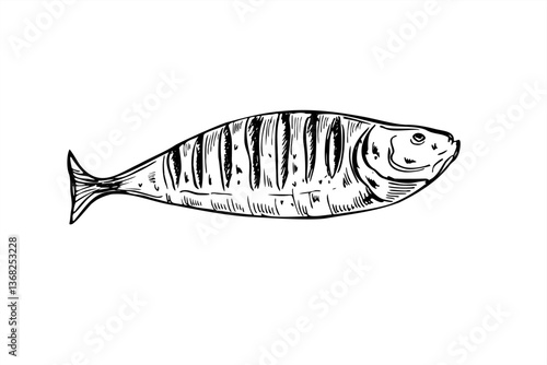 Vector whole fish grilled on charcoal grate line ink illustration in black and white. Monochrome perch, roach or zander graphic sketch for fishing blogs, eco labels and rustic menu design