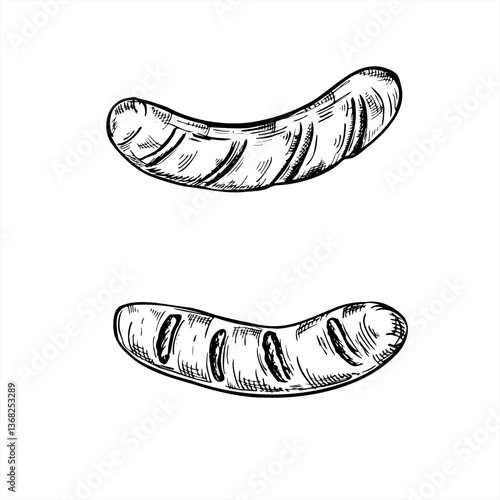 Two vector grill sausages monochrome line art set illustration painted by black inks. monochrome bratwurst or chorizo griller for butcher shop branding, BBQ festival posters and meat product packaging
