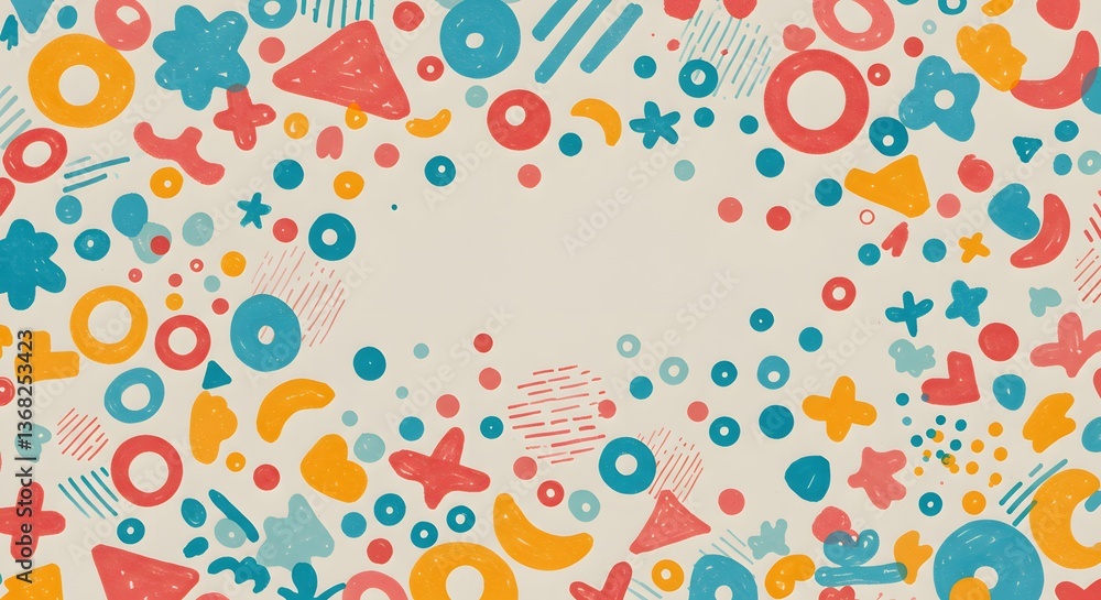 Playful abstract pattern background with geometric shapes and confetti Playful abstract pattern background with geometric shapes and confetti