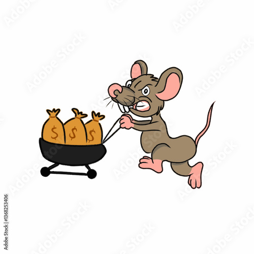 Cartoon Mouse Pushing a Wheelbarrow Full of Money Bags