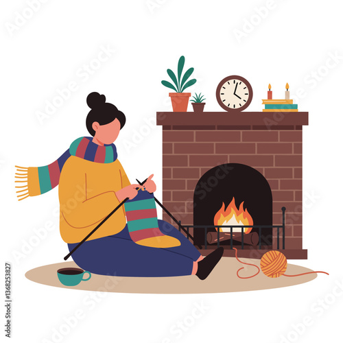 Cozy indoor scene with woman knitting by fireplace in minimal vector art