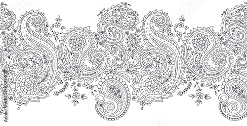 Seamless border with black and white paisley floral pattern. Intricate eastern vintage background. Bohemian monochrome textile design.