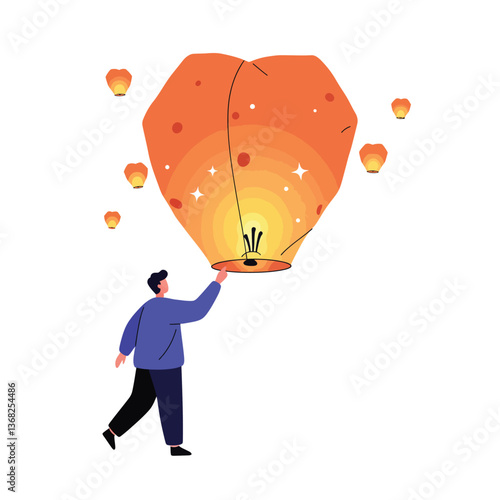 Person releasing colorful lanterns in a flat design style vector art