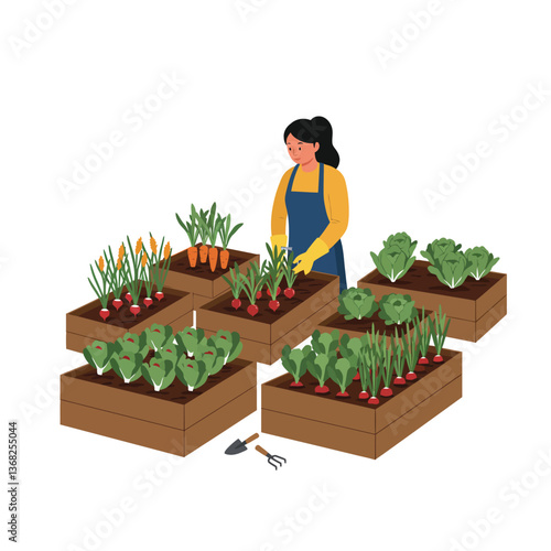 Gardener tending to vegetable boxes in flat style vector illustration