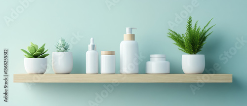 Wallpaper Mural Showcasing minimalist skincare products on modern retail store shelves eco-friendly packaging serene lighting and greenery accents for a fresh look Torontodigital.ca
