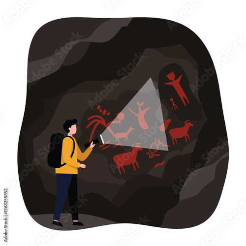 Cave exploration with flashlight illuminating ancient animal drawings in flat vector art