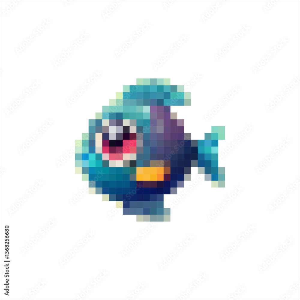 Pixel fish of different shapes and colors. Interesting sea creatures. Cartoon fish and sea inhabitants Pixel fish of different shapes and colors. Interesting sea creatures. Cartoon fish and sea inhabitants