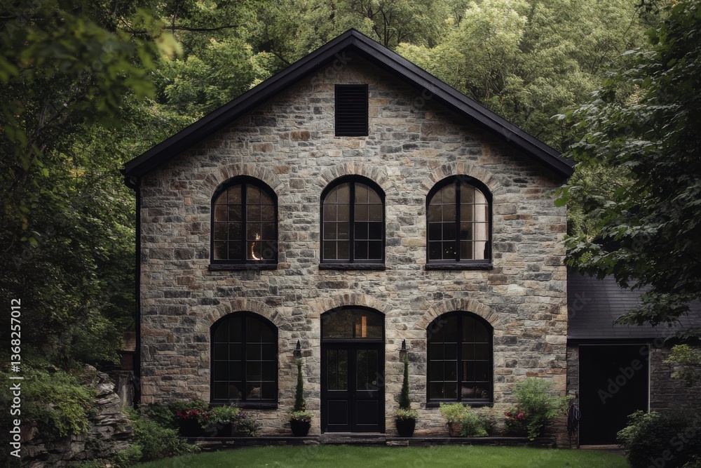 Fototapeta premium Charming stone house surrounded by lush greenery in the early evening light, showcasing classic architecture and tranquil setting in a rural location