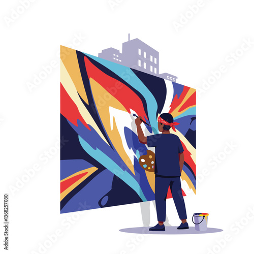 Artist creating vibrant mural artwork in flat design style vector art