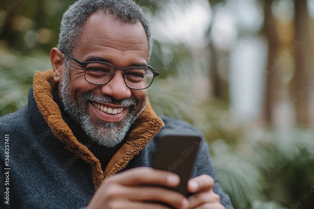 Mature man smiling during an outdoor video call on his smartphone Mature man smiling during an outdoor video call on his smartphone