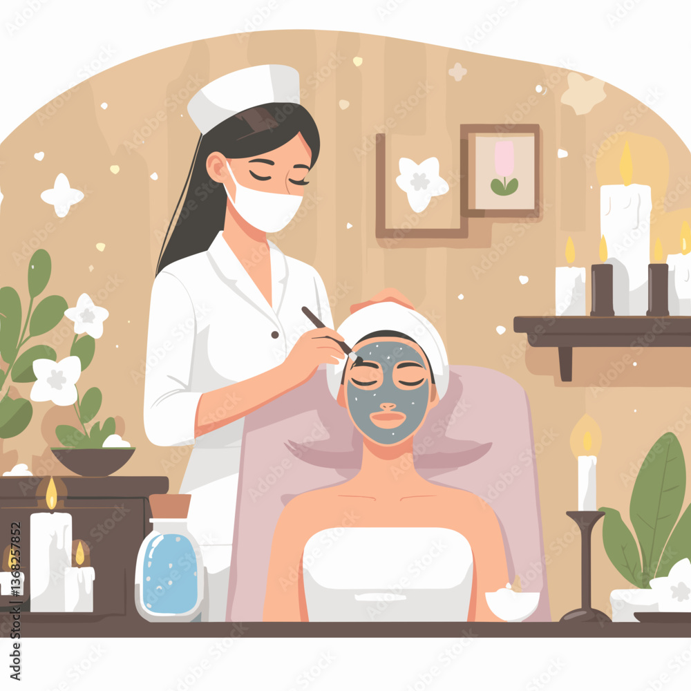 Female beautician applying a facial mask to a relaxing client in a soothing spa environment Female beautician applying a facial mask to a relaxing client in a soothing spa environment