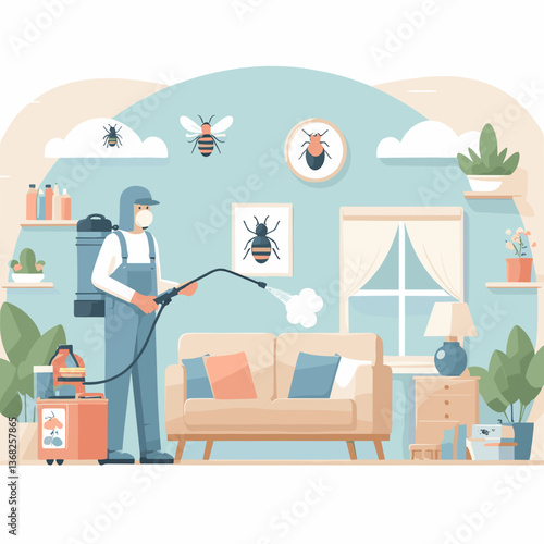 Pest control technician spraying insecticide in a home to eliminate pests in a clean environment