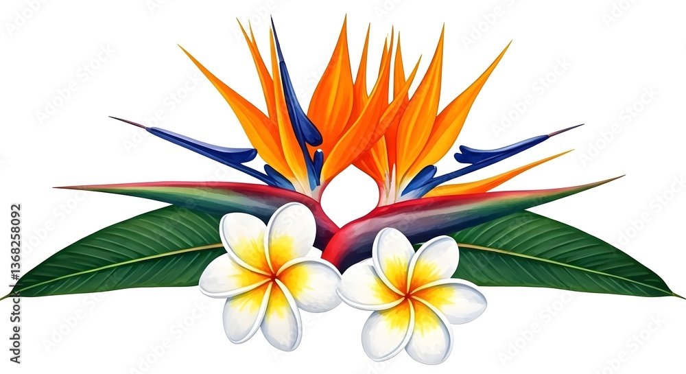 Obraz premium A watercolor floral mix of vibrant bird of paradise and frangipani blossoms, AI Generated