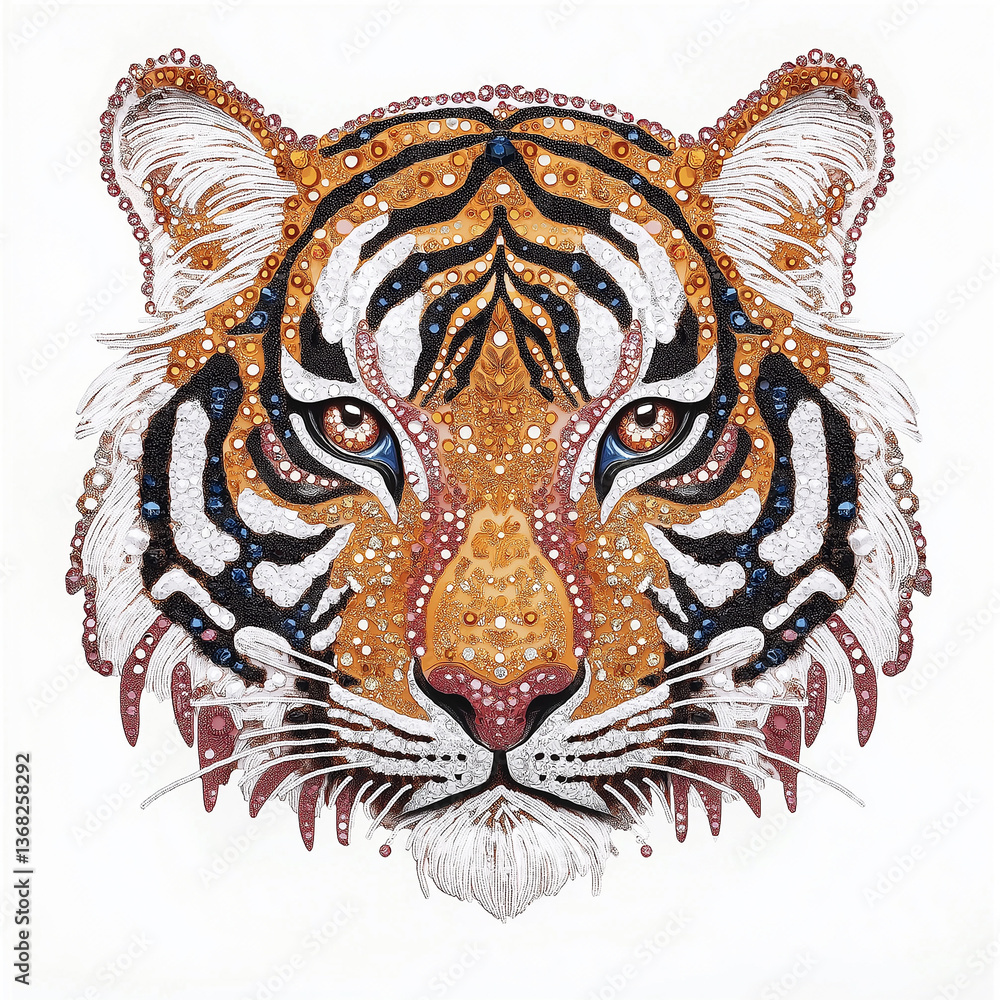 Majestic tiger face shining with colorful crystals, a stunning wildlife portrait Majestic tiger face shining with colorful crystals, a stunning wildlife portrait