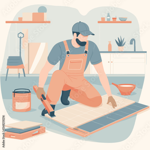 Flooring technician installing tiles in a home kitchen with precision and care