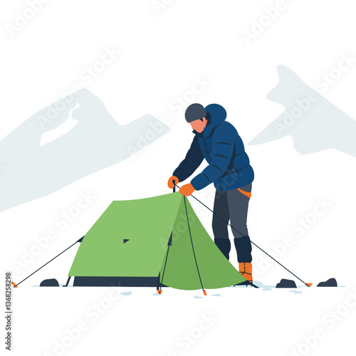 Person setting up a green camping tent in a minimal vector illustration style vector art