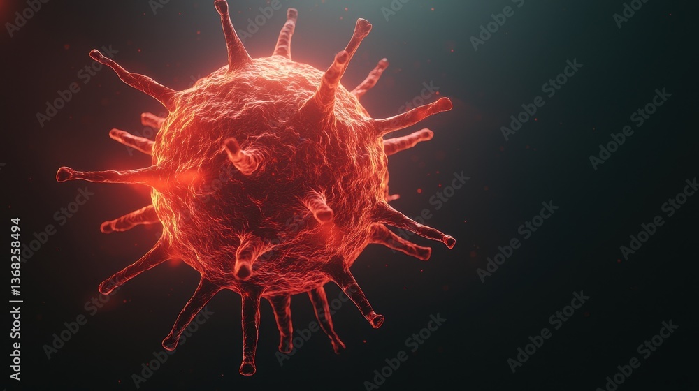 Microscopic cancer cell concept. Microscopic view of a virus with spikes and a red hue. Microscopic cancer cell concept. Microscopic view of a virus with spikes and a red hue.