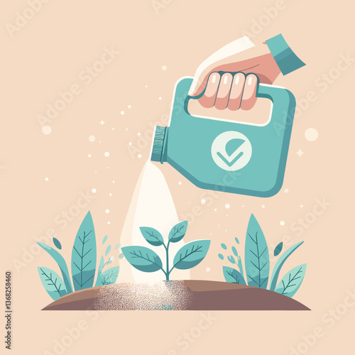 Gardener applying fertilizer to young plant in nurturing garden environment