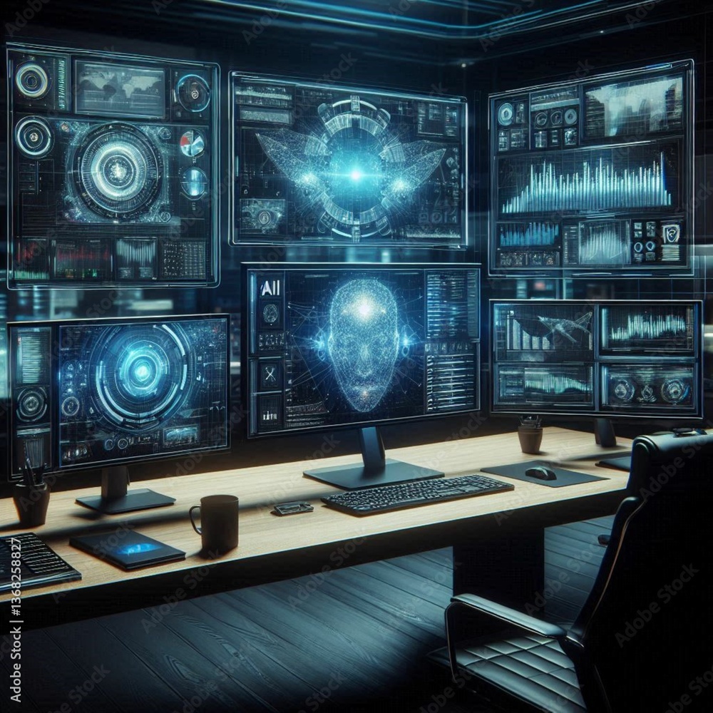 A professional and high-tech workspace with multiple screens showcasing advanced AI analytics and coding environments. A professional and high-tech workspace with multiple screens showcasing advanced AI analytics and coding environments.