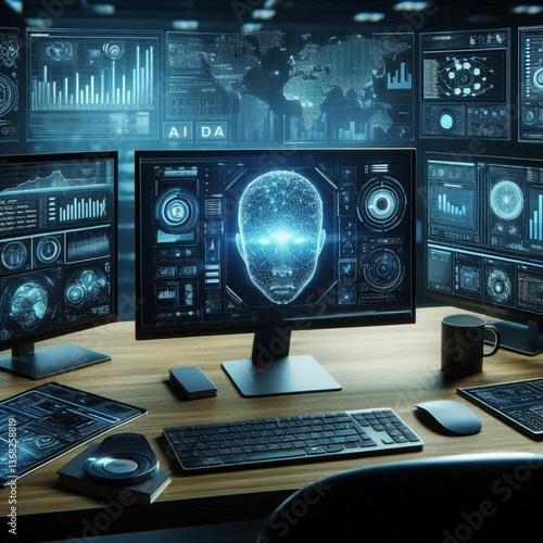 A professional and high-tech workspace with multiple screens showcasing advanced AI analytics and coding environments.