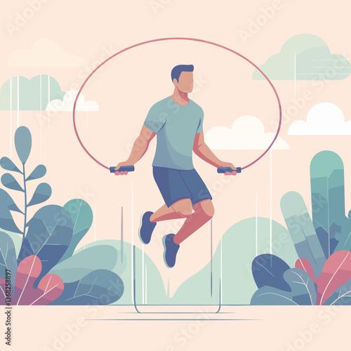 Fit young man feeling energised, jumping rope in outdoor scenic environment