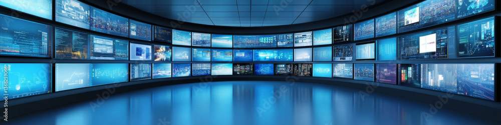 futuristic control room with multiple high tech screens displaying data and visuals, creating modern and immersive environment. futuristic control room with multiple high tech screens displaying data and visuals, creating modern and immersive environment.