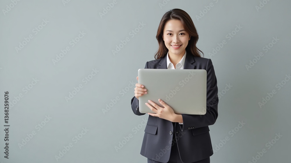 Confident businesswoman, smiling brightly, holds a laptop, showcasing professional success and technological expertise against a muted gray backdrop. Confident businesswoman, smiling brightly, holds a laptop, showcasing professional success and technological expertise against a muted gray backdrop.