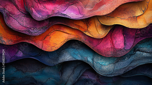 Abstract layered texture with wavy shapes and vibrant colors creating a visually dynamic composition.