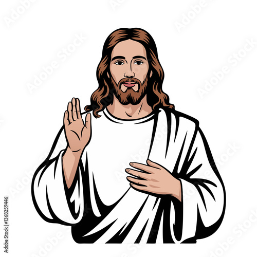 Illustration of Jesus Christ with a raised hand blessing pose, wearing a white robe, against a soft, minimalistic background, symbolizing peace, faith, and spirituality in a modern vector style.