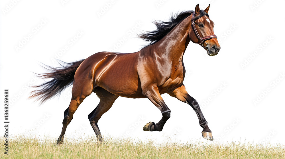 Obraz premium A brown horse with a bridle running in a grassy field against a white background in a horizontal shot