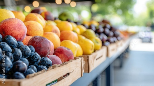 Healthy fruits and vegetables overflowing shelf supermarket background wallpaper colorful display promoting healthy eating fresh produce