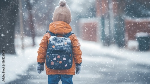 Child in winter coat and knitted hat stands in snowy street, surrounded by falling snowflakes and blurred background