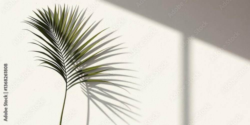 Obraz premium Minimalist palm shadow on textured plaster wall; summer boho home product display, minimal design, home decor