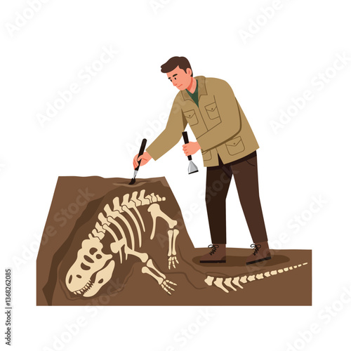 Paleontologist excavating dinosaur bones in detailed flat vector art