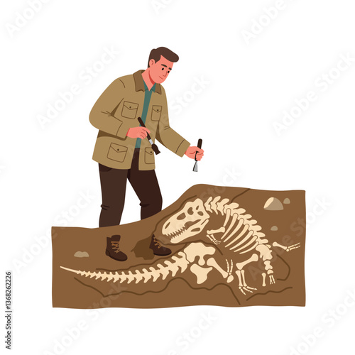 Paleontologist uncovering dinosaur fossils in detailed flat vector illustration