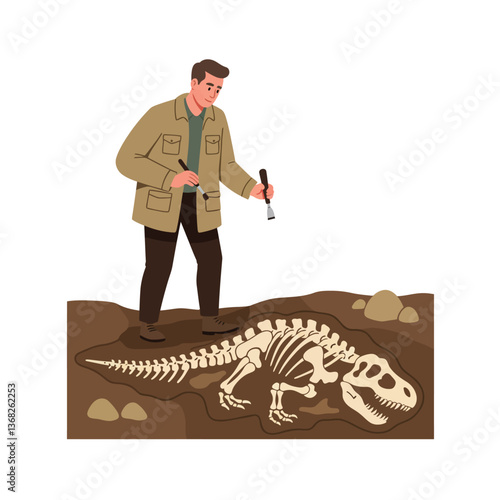 Archaeologist examining dinosaur fossil in flat vector art style with detailed elements and natural colors vector illustration
