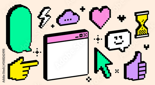 3D pixel art color elements set. Y2k inspired trendy collage stickers. Thumbs up, smile face, heart. Mood of 90's. 8bit retro style vector illustration. Digital geometric shape. Game abstract icons