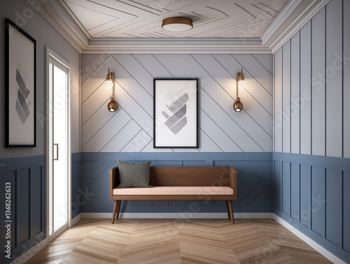 Modern hallway with wainscotting wall panelling and geometric accents in navy blue colors, simple minimalist furniture and artwork on the wall