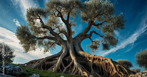 Ancient olive tree with its roots now visible.