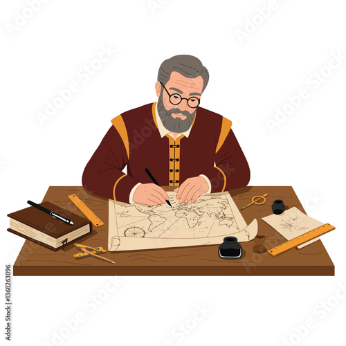Elderly man drawing a map at a wooden table in flat vector art