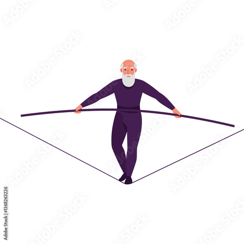 Senior man balancing on tightrope in minimal vector art style illustration