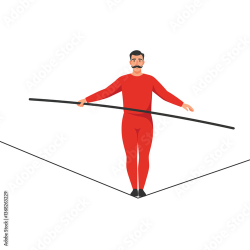 Tightrope walker in red outfit performing balanced act in flat vector art