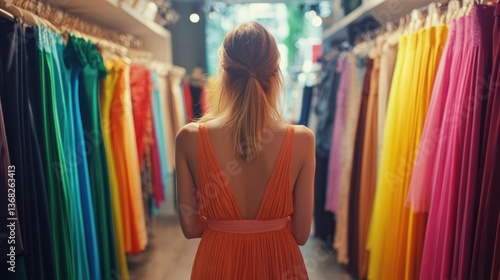 Woman in a vibrant dress shop, exploring colorful gowns while soft natural light streams through the entrance