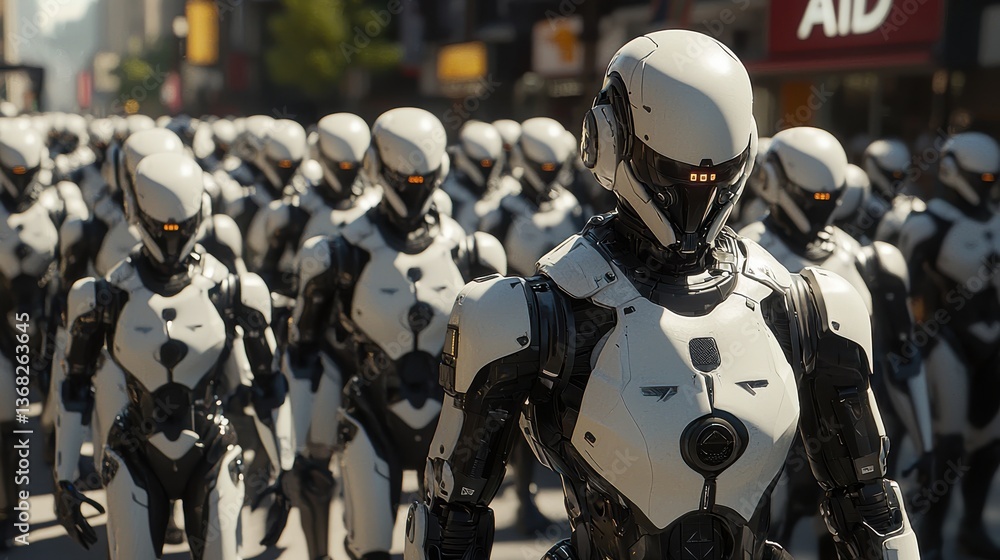 Fototapeta premium Crowd of Humanoid Robots in Urban Environment Showcasing Advanced AI Language Models and Adaptability Capabilities