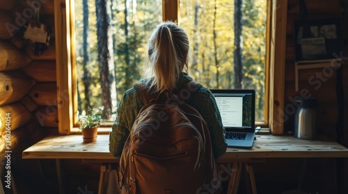 Person working on a laptop at a wooden desk in a cozy cabin surrounded by autumn forest scenery